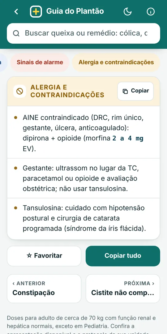Tela do app: Alergia e contraindicações da cólica renal