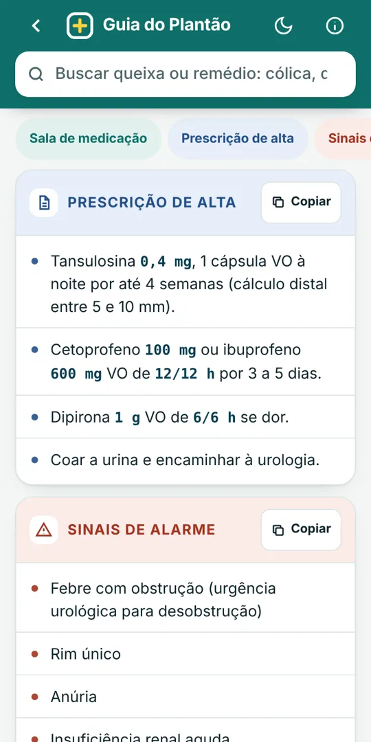 Tela do app: Prescrição de alta e alarme da cólica renal