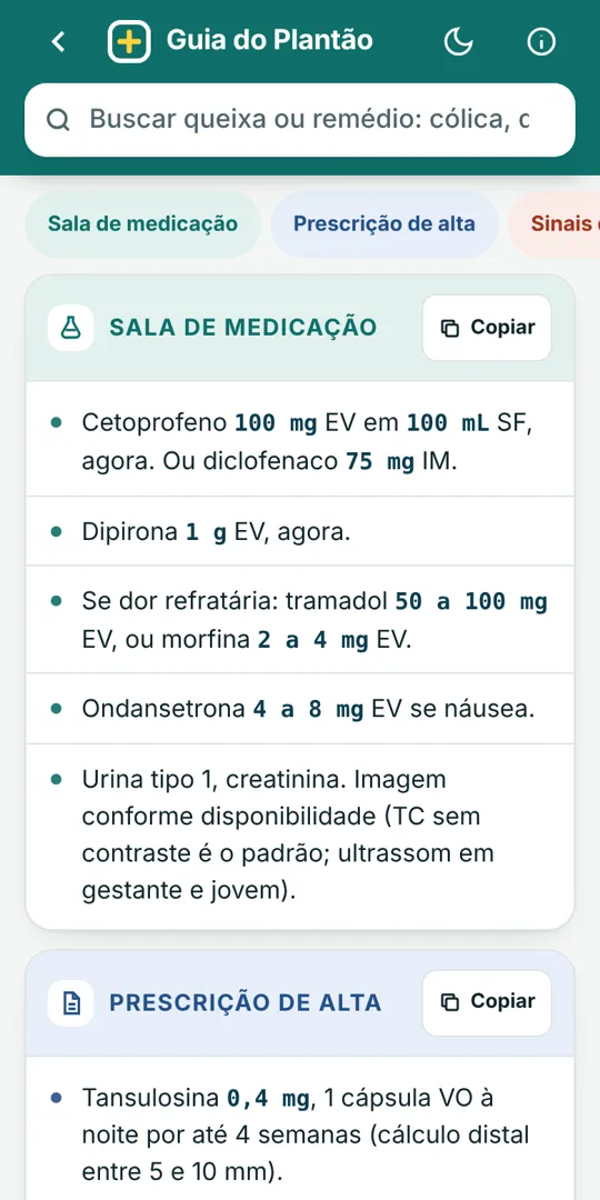 Tela do app: Sala de medicação da cólica renal